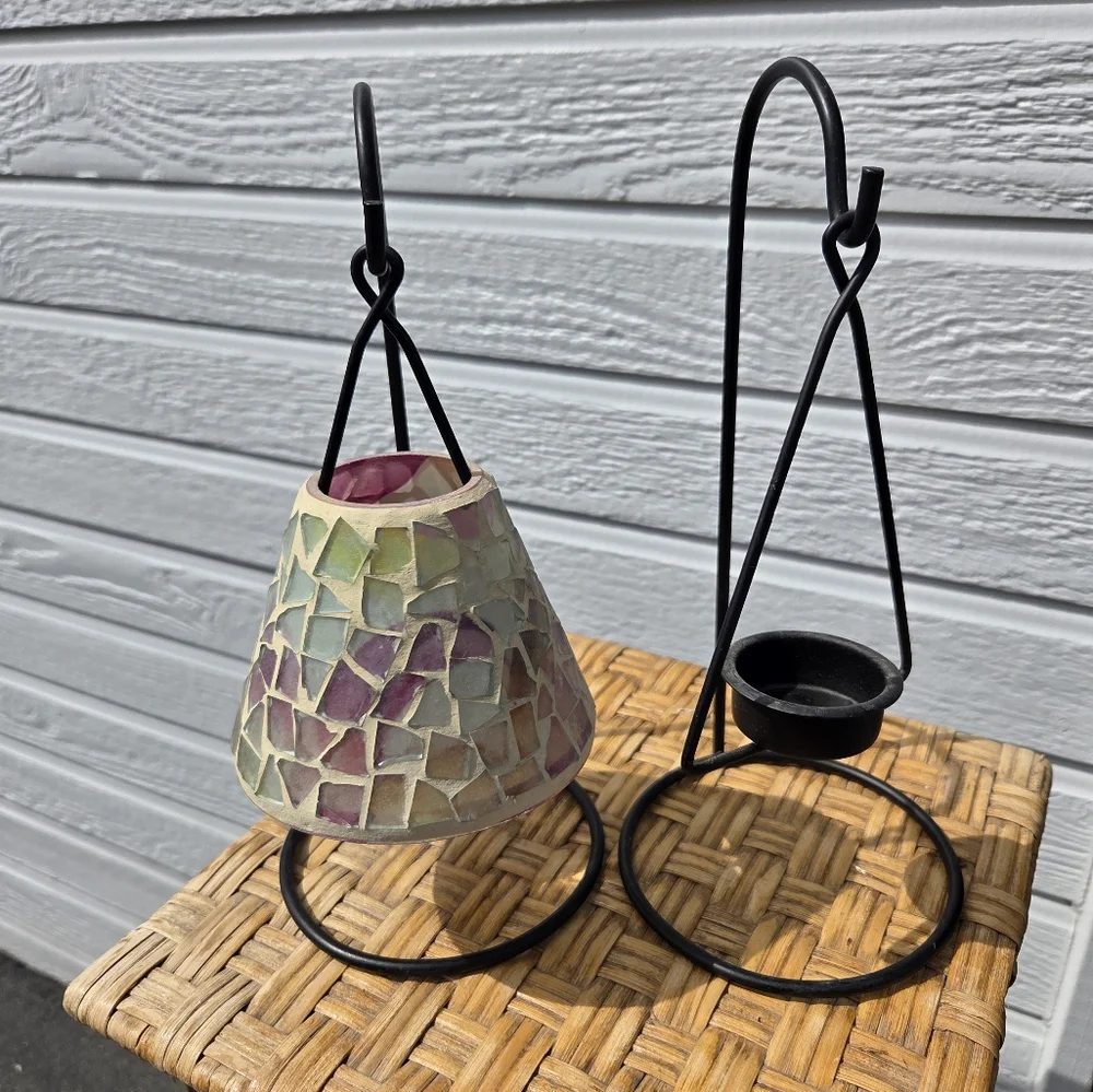 Mosaic Stained Glass Hanging Candle Holders - Multicolor - Set Of 2